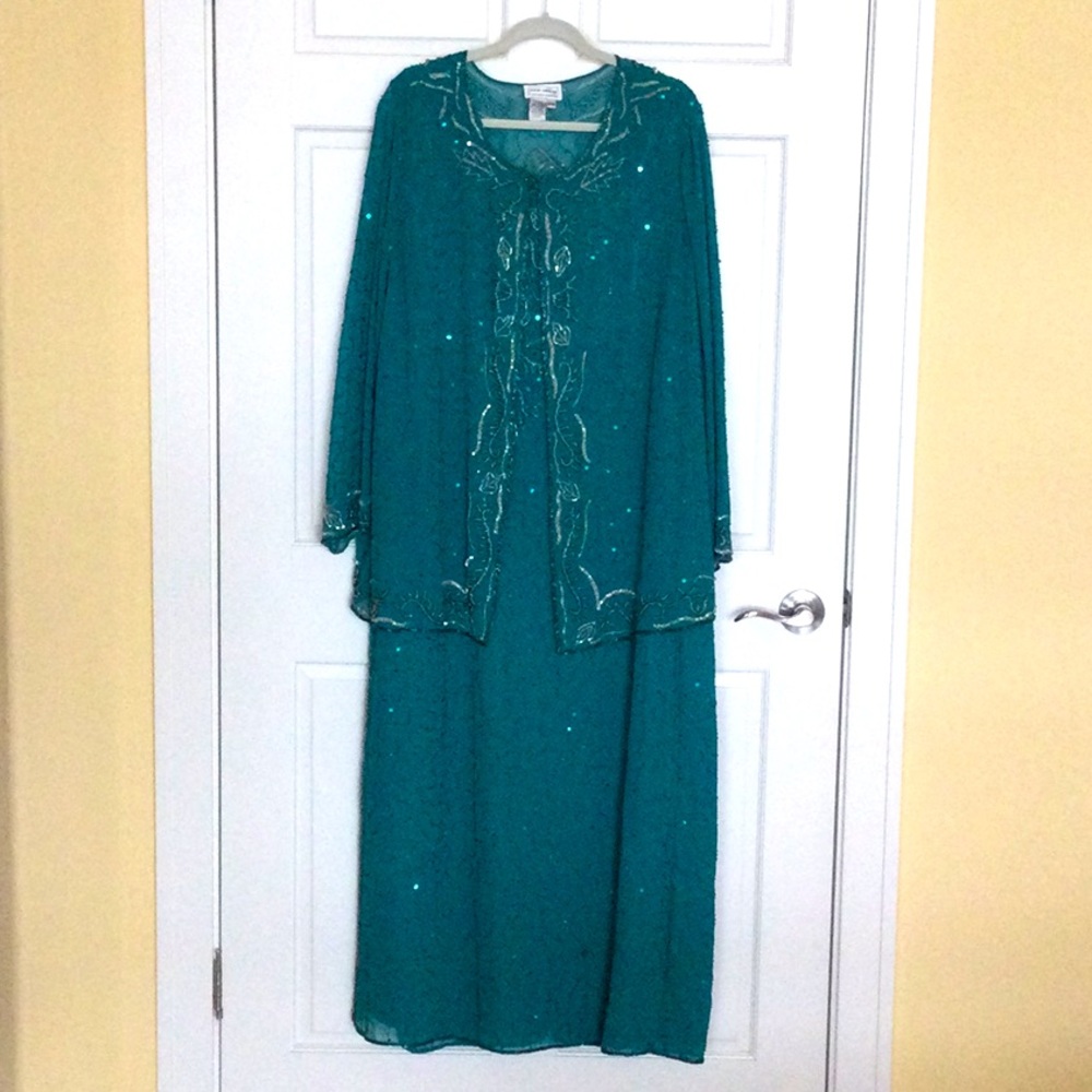 2pc Sequin teal green evening gown with jacket . Completely sequined. Never worn